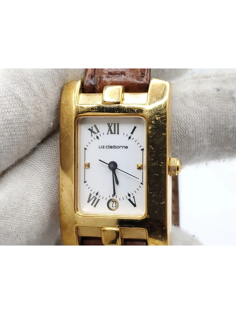 Liz Claiborne Quartz Watch Women New Battery Gold Tone White Date Dial Rectangle